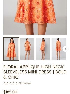 Girls' Orange Floral Applique High-Neck Sleeveless Dress